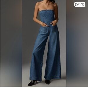 Anthropologie Pilcro Dark Blue Wide Leg Denim Jumpsuit Size 2